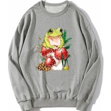 Kids Face Özel Tasarım Bisiklet Yaka Kozalak Kurbağa Baskılı Şardonlu Kışlık Kız Çocuk Sweatshırt