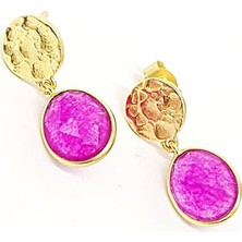 Ose Shop Pembe Kuvars taşı el işi gümüş üzerine altın kaplama küpe