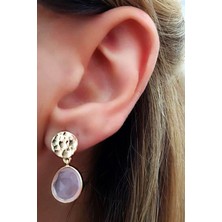 Ose Shop pembe kuvars taşlı el işi gümüş üzerine altın kaplama küpe