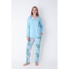 Mavi Tropik Desenli Pamuklu Gömlek Pantolon Pijama Takımı