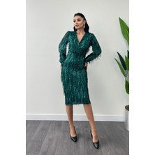 Saçaklı Pul Payet Kumaş Kalem Elbise - Zümrüt Yeşil