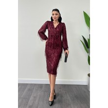 Saçaklı Pul Payet Kumaş Kalem Elbise - Bordo