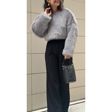 Lasorella Butik Kadın Gri Crop Kürk Kazak
