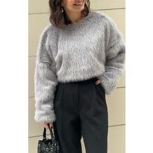 Lasorella Butik Kadın Gri Crop Kürk Kazak