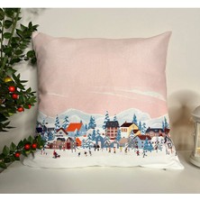 Deco Pastel Pembe Kar Manzaralı Yılbaşı Kırlent Kılıfı