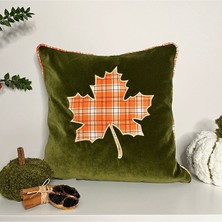 Deco Ekose Yaprak Aplike Yeşil Lüks Kadife Kırlent Kılıfı