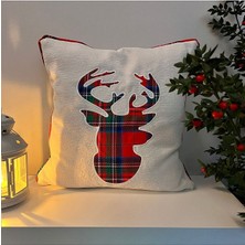 Deco Ekose Aplike Nakış Geyik Kafalı Kırlent Kılıfı Fitilli