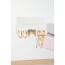 Kadın Vip Seri Baget Zirkon Taşlı Kurdele Model Klipsli 6'lı Set Küpe