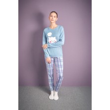 Kedi Nakışlı Bisiklet Yaka 2 Li Pijama Takımı