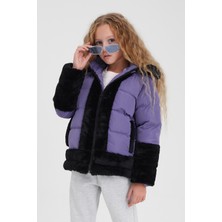 Lila Peluş Detaylı Içi Kürklü Kalın Şişme Kız Çocuk Mont&kaban