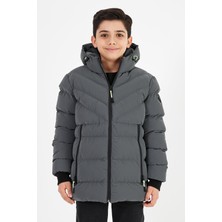 Gri Erkek Çocuk Sabit Kapüşonlu Şişme Deri Karışımlı Kumaş Mont&kaban