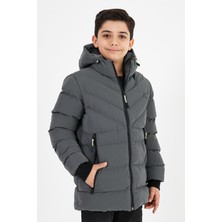 Gri Erkek Çocuk Sabit Kapüşonlu Şişme Deri Karışımlı Kumaş Mont&kaban