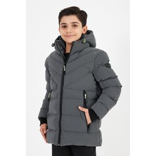 Gri Erkek Çocuk Sabit Kapüşonlu Şişme Deri Karışımlı Kumaş Mont&kaban