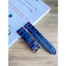 El Dikişi Lacivert Croco Desen Kırmızı Dikiş Gerçek Deri Saat Kordonu. Hakiki Deri. 18,20,22,24,26MM. Genişlik Seçenekleri.