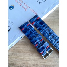 El Dikişi Lacivert Croco Desen Kırmızı Dikiş Gerçek Deri Saat Kordonu. Hakiki Deri. 18,20,22,24,26MM. Genişlik Seçenekleri.