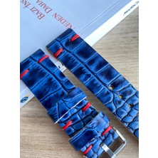 El Dikişi Lacivert Croco Desen Kırmızı Dikiş Gerçek Deri Saat Kordonu. Hakiki Deri. 18,20,22,24,26MM. Genişlik Seçenekleri.