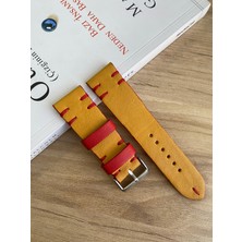 El Dikişi Hardal Sarısı Kırmızı Mumlu Ip Dikiş. Gerçek Deri Saat Kordonu.hakiki Deri. 18,20,22,24,26MM. Genişlikseçenekleri.