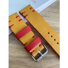 El Dikişi Hardal Sarısı Kırmızı Mumlu Ip Dikiş. Gerçek Deri Saat Kordonu.hakiki Deri. 18,20,22,24,26MM. Genişlikseçenekleri.