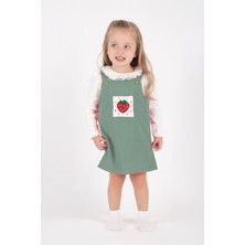 Miniğimin Cicileri Çilek Nakış Kız Bebek 2 Li Kadife Elbise - Yeşil