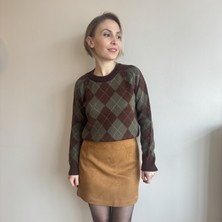 Aylish Kahverengi Haley Baklava Desenli Kazak (Kahverengi Tabanlıdır)