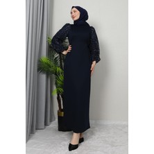 Giza Store Kolu Tüllü Krep Elbise Lacivert