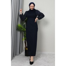 Giza Store Kolu Tüllü Krep Elbise Lacivert