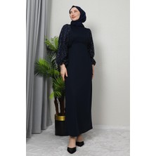 Giza Store Kolu Tüllü Krep Elbise Lacivert