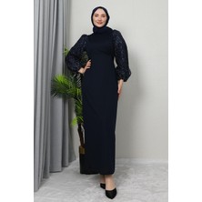 Giza Store Kolu Tüllü Krep Elbise Lacivert