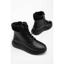 Dilimler Ayakkabı Kadın Bot Siyah Kalın Taban Boğaz Kürklü Bağcıklı