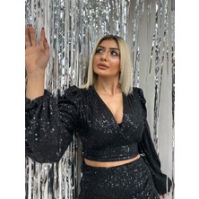 1525 Payetli Kruvaze Bluz Siyah