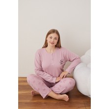 Eyfuze kadın Büyük Beden Desenli Yakası Düğmeli Uzun Kollu Kışlık Pijama Takımı