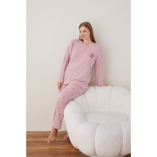 Eyfuze kadın Büyük Beden Desenli Yakası Düğmeli Uzun Kollu Kışlık Pijama Takımı