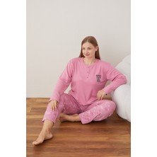 Eyfuze kadın Büyük Beden Desenli Yakası Düğmeli Uzun Kollu Kışlık Pijama Takımı