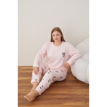 Eyfuze kadın Büyük Beden Desenli Yakası Düğmeli Uzun Kollu Kışlık Pijama Takımı