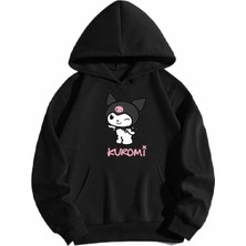 Kids Face Özel Tasarım Kapüşonlu Mutlu Kuromi Baskılı Şardonlu Kışlık Kız Bebek-Çocuk Sweatshırt