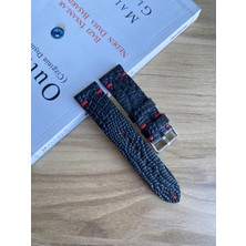 El Dikişi Siyah Croco Desen Gerçek Deri Saat Kordonu. Hakiki Deri. 18,20,22,24,26MM. Kırmızı Mumlu Ip Dikiş.