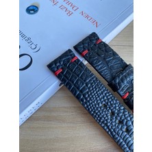 El Dikişi Siyah Croco Desen Gerçek Deri Saat Kordonu. Hakiki Deri. 18,20,22,24,26MM. Kırmızı Mumlu Ip Dikiş.