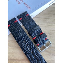 El Dikişi Siyah Croco Desen Gerçek Deri Saat Kordonu. Hakiki Deri. 18,20,22,24,26MM. Kırmızı Mumlu Ip Dikiş.