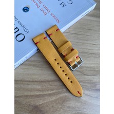 El Dikişi Hardal Sarısı Gerçek Deri Saat Kordonu. Hakiki Deri. 18,20,22,24,26MM. Kırmızı Mumlu Ip Dikiş.