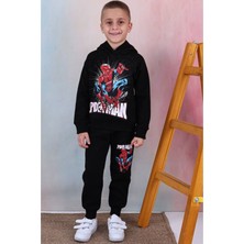 Yağmur Giyim Pjk3i Örümcek Adam Desenli Siyah 3 Ip Şardonlu Kapşonlu  Pamuk Erkek Çocuk Eşofman Takımı 3-10 Yaş 7396-S