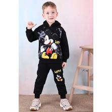 Yağmur Giyim Pjk3i Mickey Mause Desenli Siyah 3 Ip Şardonlu Kapşonlu  Pamuk Erkek Çocuk Eşofman Takımı 3-10 Yaş 7395-S