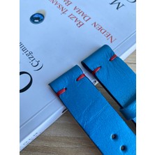 El Dikişi Mavi Kırmızı Dikiş Gerçek Deri Saat Kordonu. Hakiki Deri. 18,20,22,24,26MM.