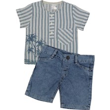 Yağmur Giyim Mk Palmiyeli Gömlekli Kot Şortlu Erkek Çocuk Kısa Kol Takım 6-10 Yaş Mavi Çizgili 1158-M