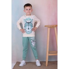 Yağmur Giyim Pjk2i Kurt Desenli Yeşil 2 Ip  Pamuk Erkek Çocuk Eşofman Takımı 3-10 Yaş 7248-Y