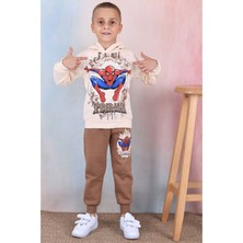 Yağmur Giyim Pjk3i Örümcek Adam Desenli Kahverengi 3 Ip Şardonlu  Pamuk Erkek Çocuk Eşofman Takımı 3-10 Yaş 7359-K