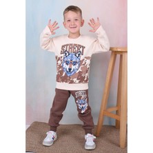 Yağmur Giyim Pjk3i Kurt Desenli Kahverengi 3 Ip Şardonlu  Pamuk Erkek Çocuk Eşofman Takımı 3-10 Yaş 7343-K