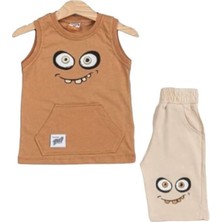 Yağmur Giyim Mk Emojili Sıfır Kollu  Şortlu Erkek Çocuk Kısa Kol Takım Kahverengi 6-9 Yaş 2052-K
