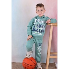 Yağmur Giyim Pjk3i Dinozor Desenli Yeşil 3 Ip Şardonlu Kapşonlu  Pamuk Erkek Çocuk Eşofman Takımı 3-10 Yaş 7338-Y