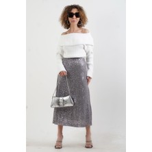 Zelish My Sister Gri Pul Payetli Midi Boy Çan Etek