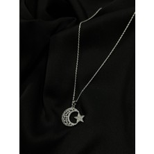 Kural Jewelry 925 Ayar Gümüş Zincirli Ay Yıldız Zirkon Taş Kolye Kadın